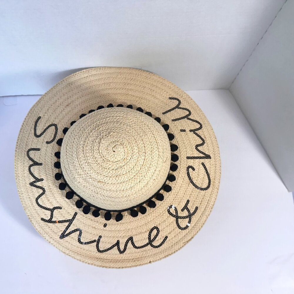 Betsy Johnson Sunshine and Chill Floppy Pom Pom Straw Wide Brim Sunshade Hat